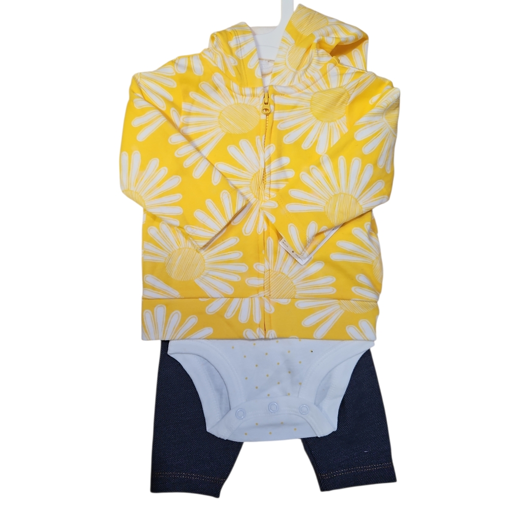 Carter’s Baby Girl 3M Outfit Yellow Floral Hoodie Bodysuit Jeans Set